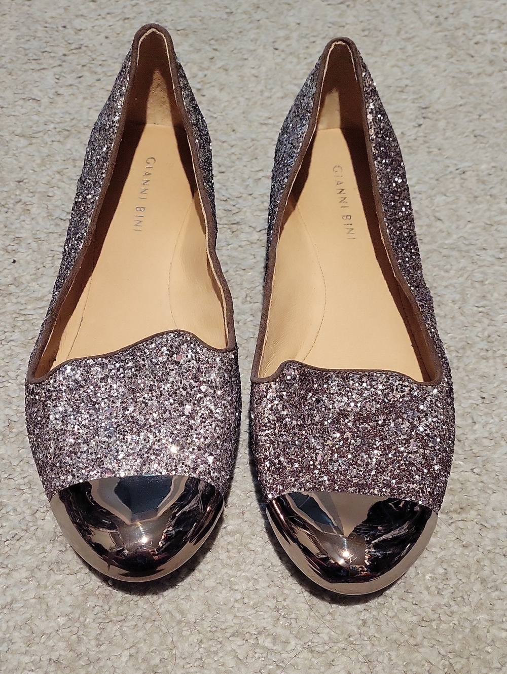 Gianni Bini Rose Glitter Slip-On Flats with Metallic Cap Toe